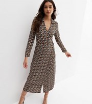 New Look Brown Geometric Collared Long Sleeve Midi Wrap Dress